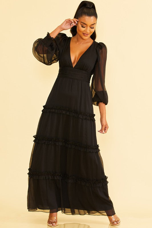 Elegant Black V-Neck Ruffle Maxi Dress ...